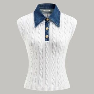 Commense Cotton Cable Knit Cotton‎ Denim Collar Top XL